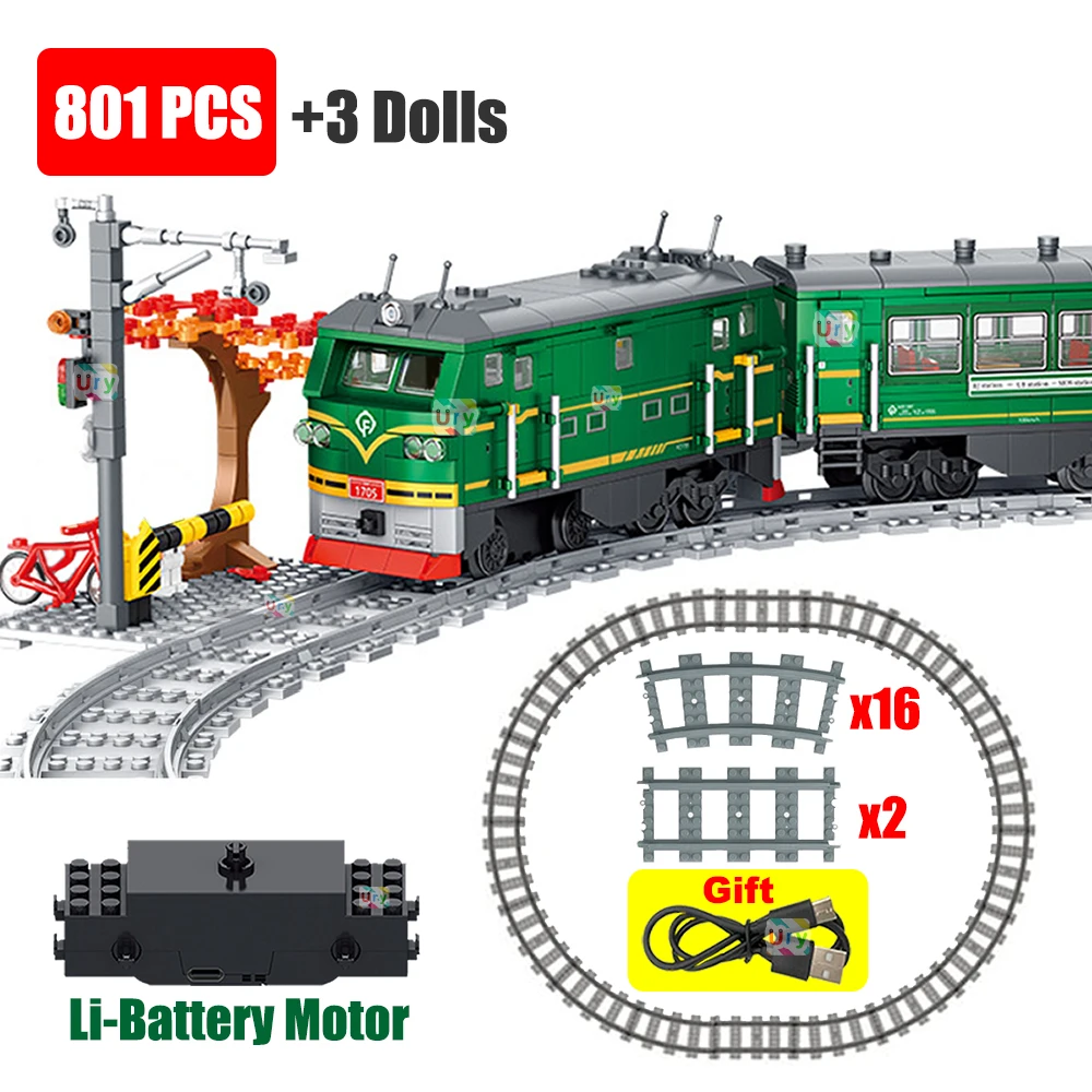Lego Set City - รถไฟไอน้ำสีเขียวสไตล์เรโทร ของเล่นตัวต่อแบบไฟฟ้า รุ่นเมืองจำลอง ใช้แบตเตอรี่ลิเธียมแบบชาร์จได้ เหมาะสำหรับเป็นของขวัญ
